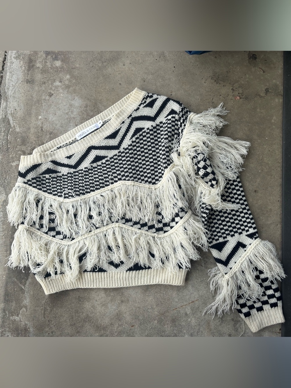 Cream and Black Fringe Knit Sweater